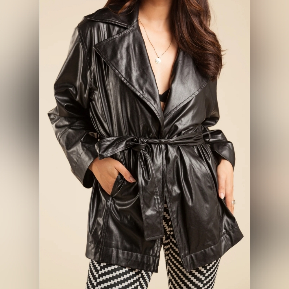 Galita Black faux leather jacket with tie in waist